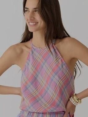 J. Crew Multicolor Amber Linen Plaid Sleeveless Halter Top in Sunset Plaid. Med.